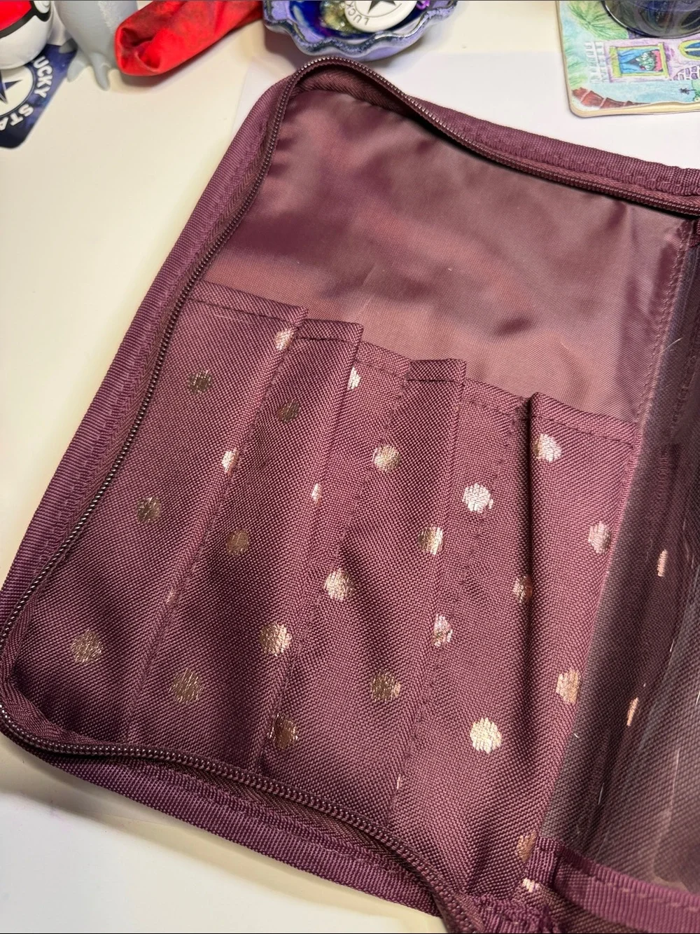 Thirty One Plum Polka Dot Zip Pouch for brushes or craft supplies